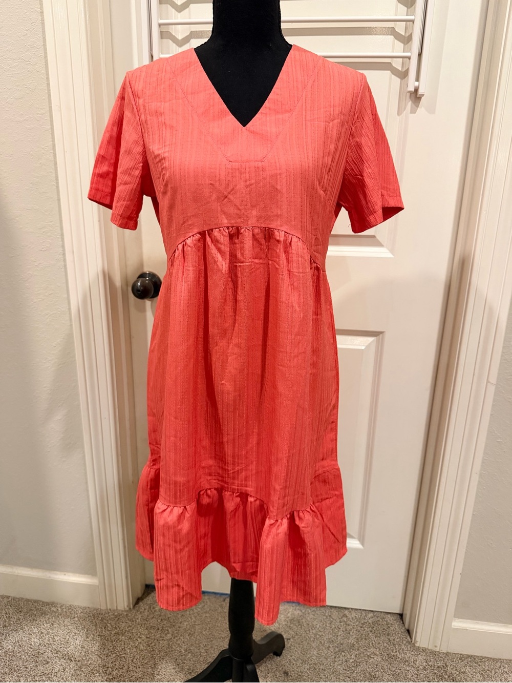 V-Neck Coral Ruffle Hem Dress with Sleeves